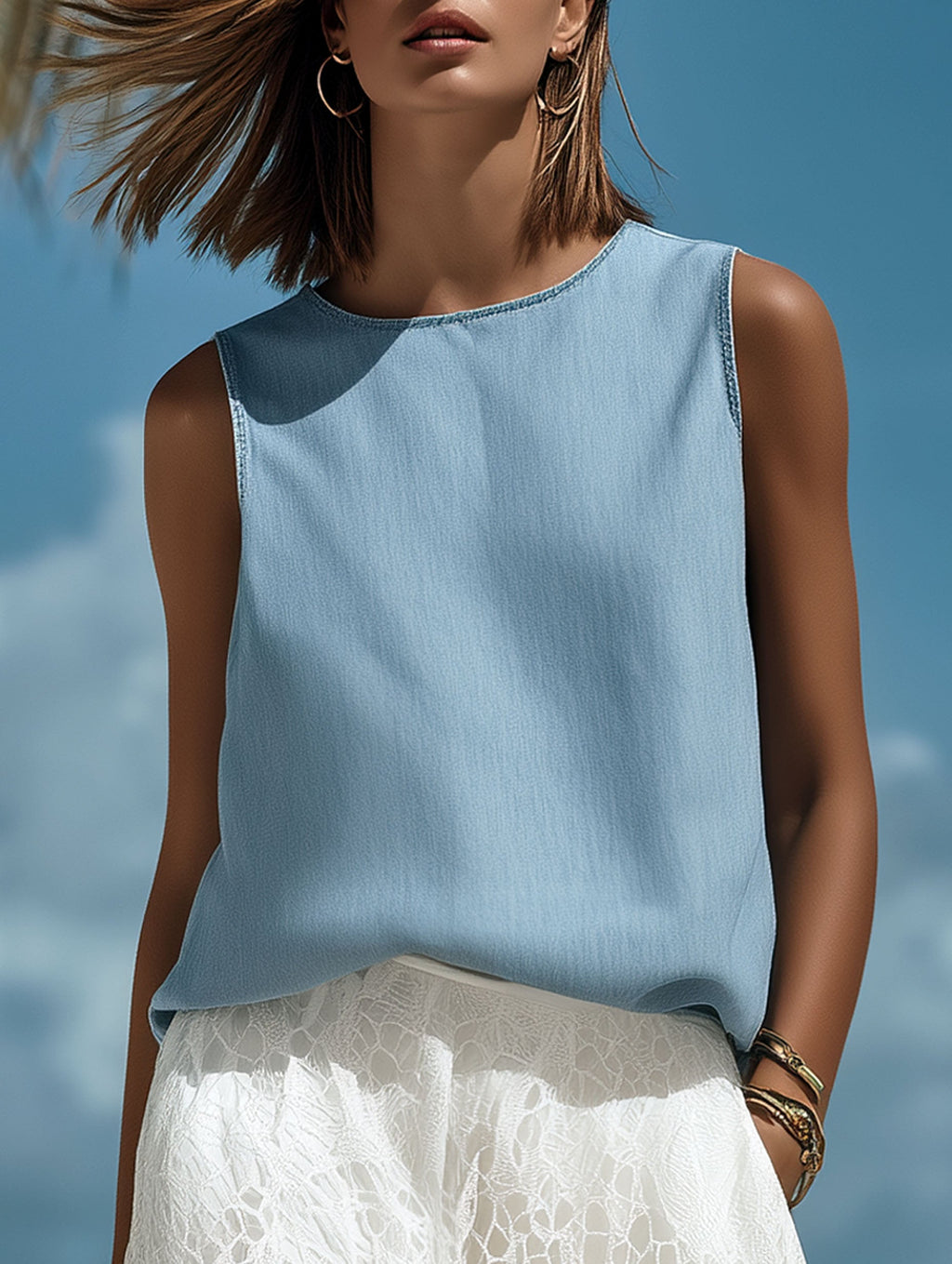 French-Style Resort Blue Denim Sleeveless Top And White Lace Trousers Set