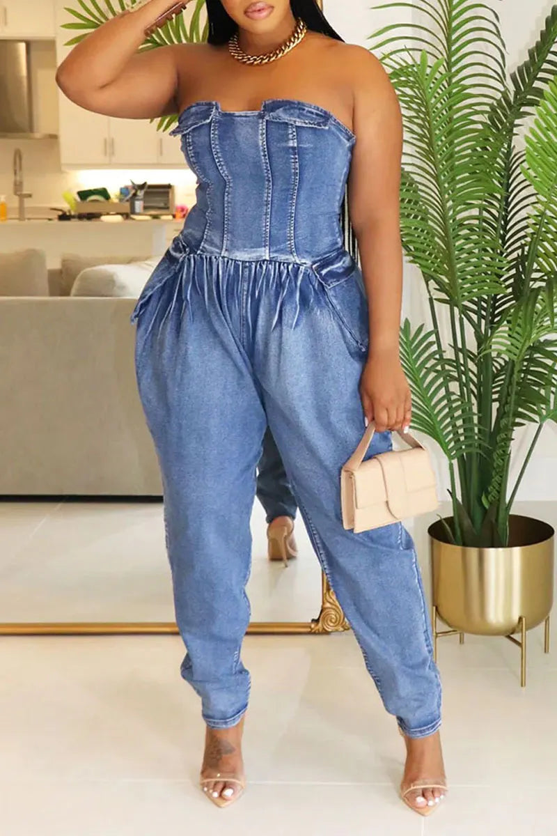 Women's Strapless Corset Balloon Leg Denim Jumpsuit