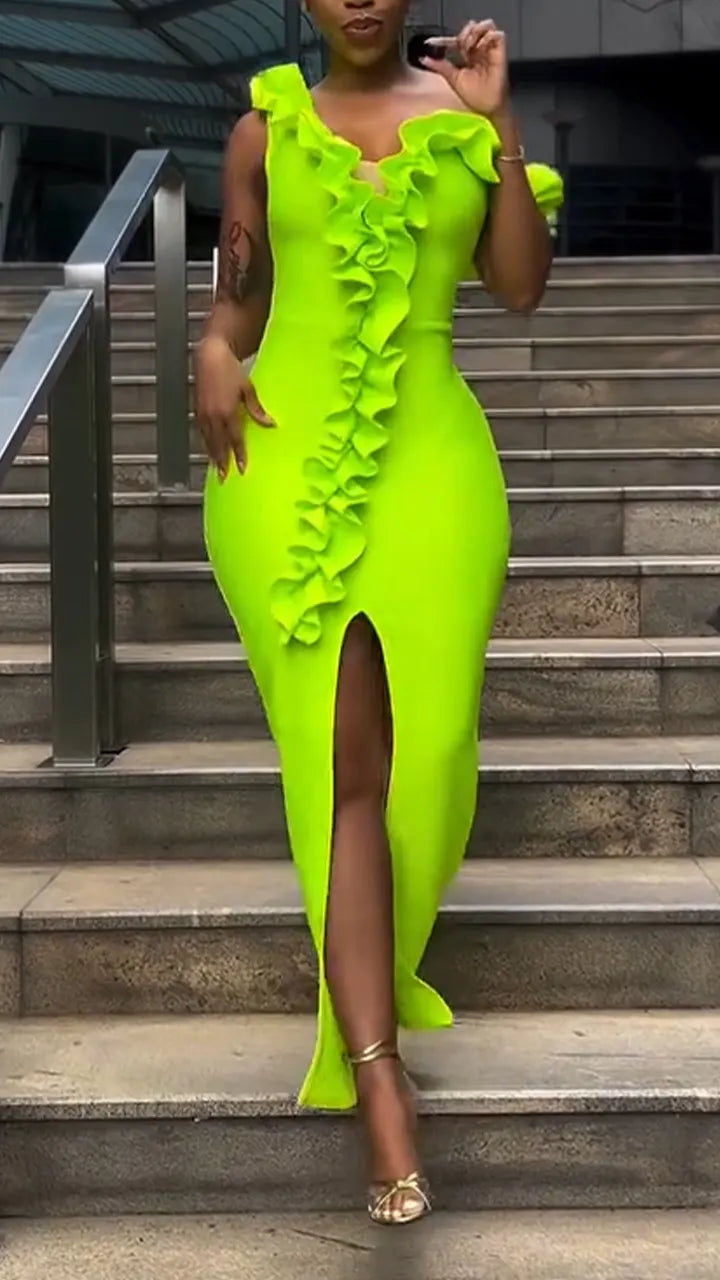 Women Off-shoulder Ruffled Fitted Slit Bodycon Dress with Elegant and Sophisticated Style