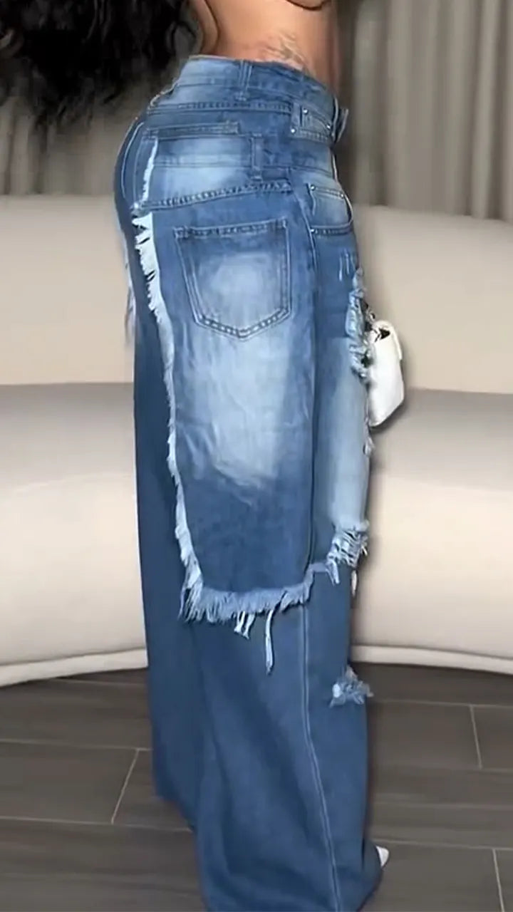 Women Patchwork Washed Ripped Casual Jeans