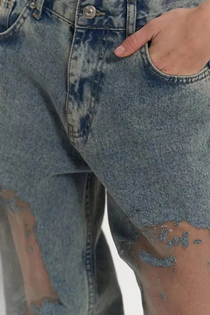 Women's Distressed Jeans With Sheer Cut Out Detail