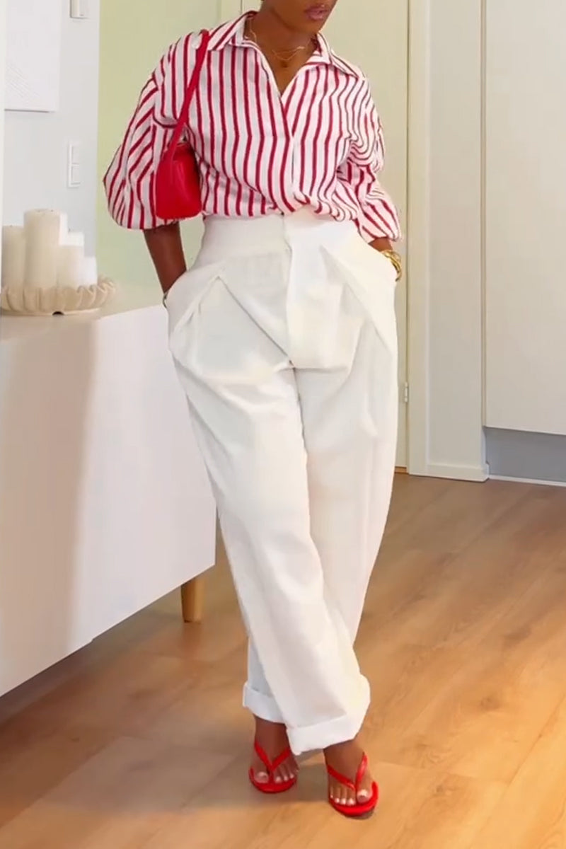 Women's Temperament Casual Collar Vertical Stripe Shirt or Solid Color Pants
