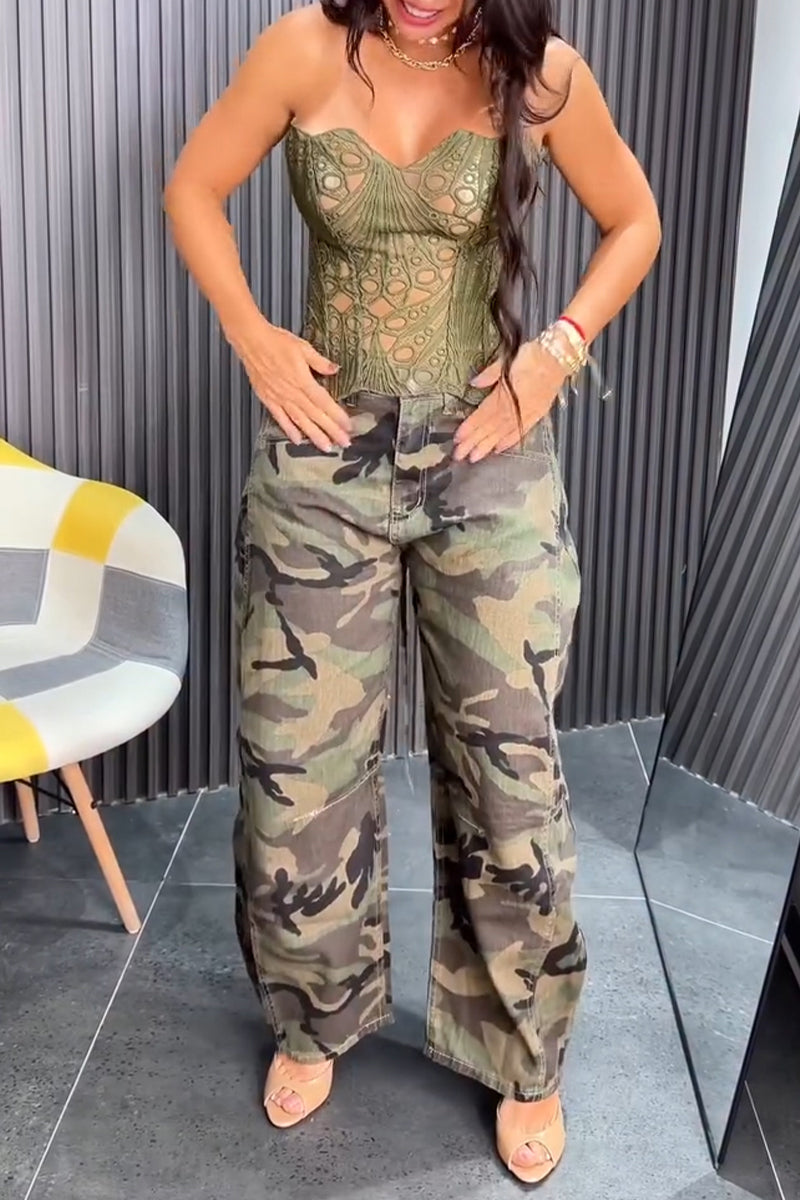 Women's Fashion Lace Strapless Top or Camo Print Pants