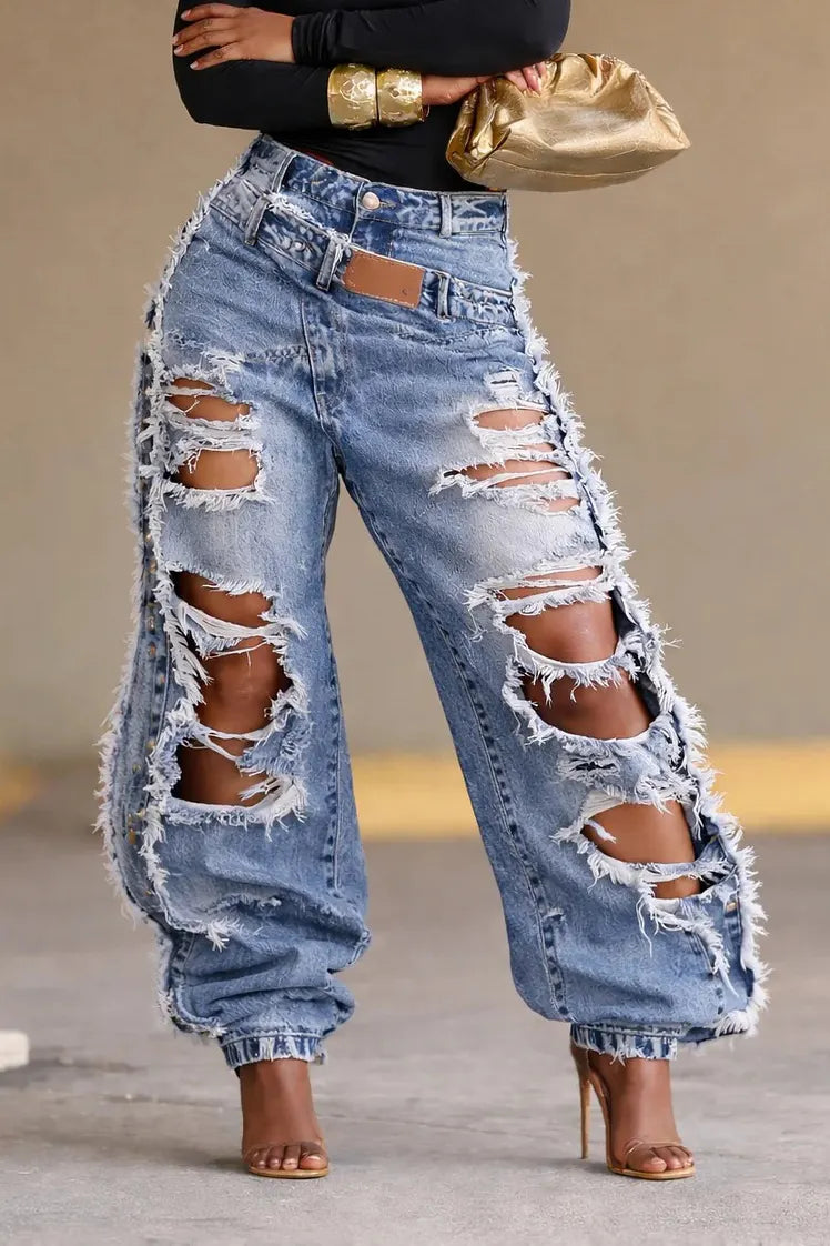 Women's Fashion Ripped Fringed Loose Jeans