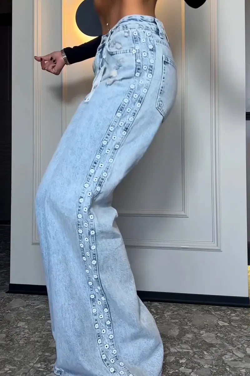 Women's Casual Commuter Side Trim Wide Leg Jeans