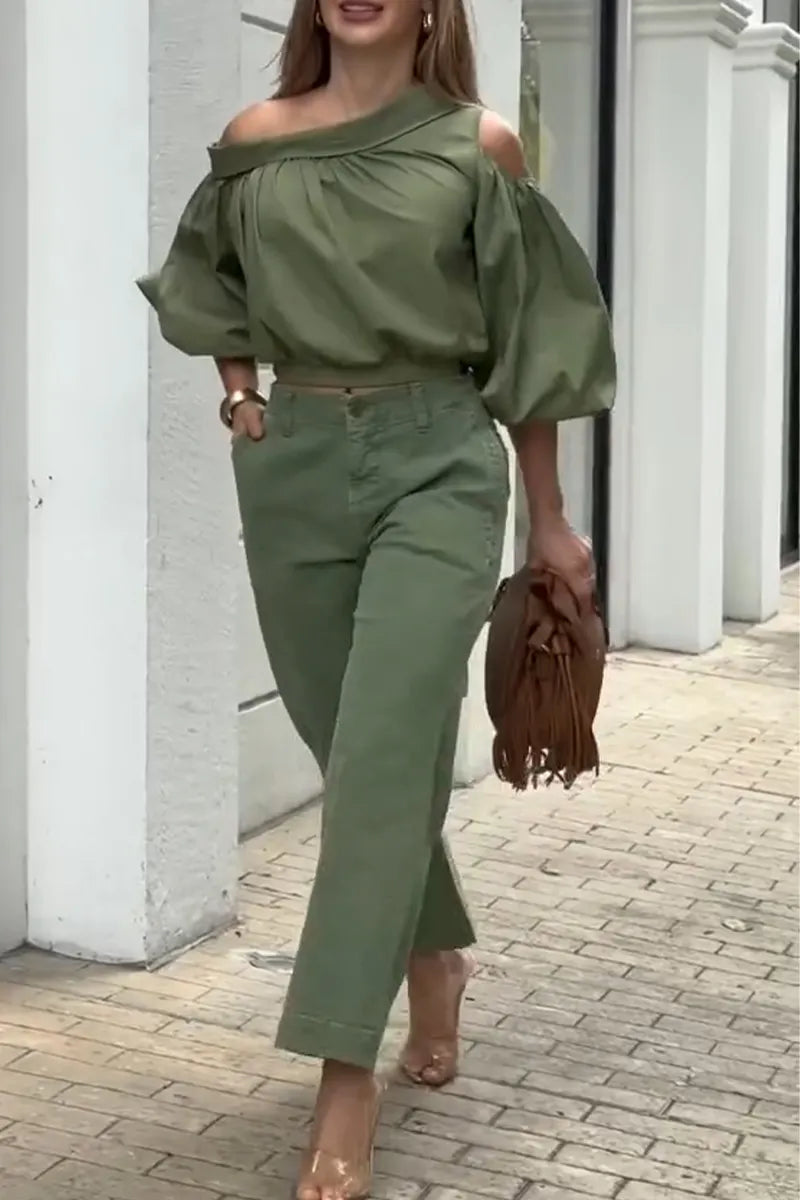 Women Off Shoulder Top+ Pants Casual Outfit with Temperament