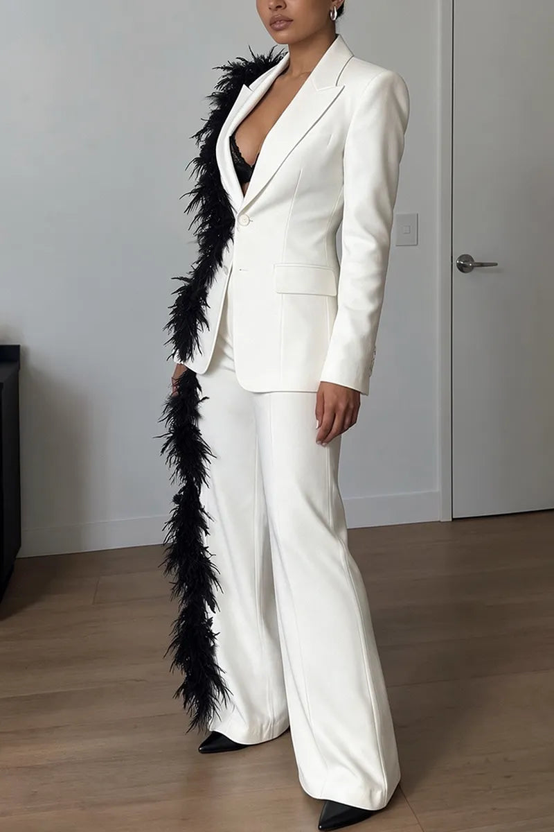 Women's Slim Fit Notched Lapel Woven Feather Trim White Blazer or Pants