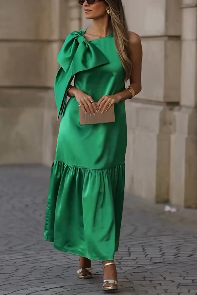 Women's Round Neck Bow Patchwork Solid Color Elegant Temperament Dress
