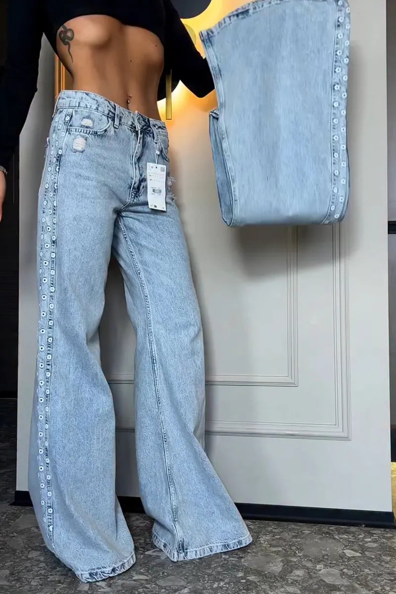 Women's Casual Commuter Side Trim Wide Leg Jeans