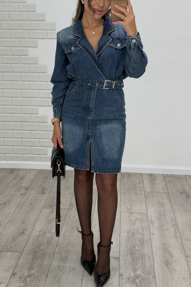 Women's Collar Waist Wash Water Casual Denim Dress