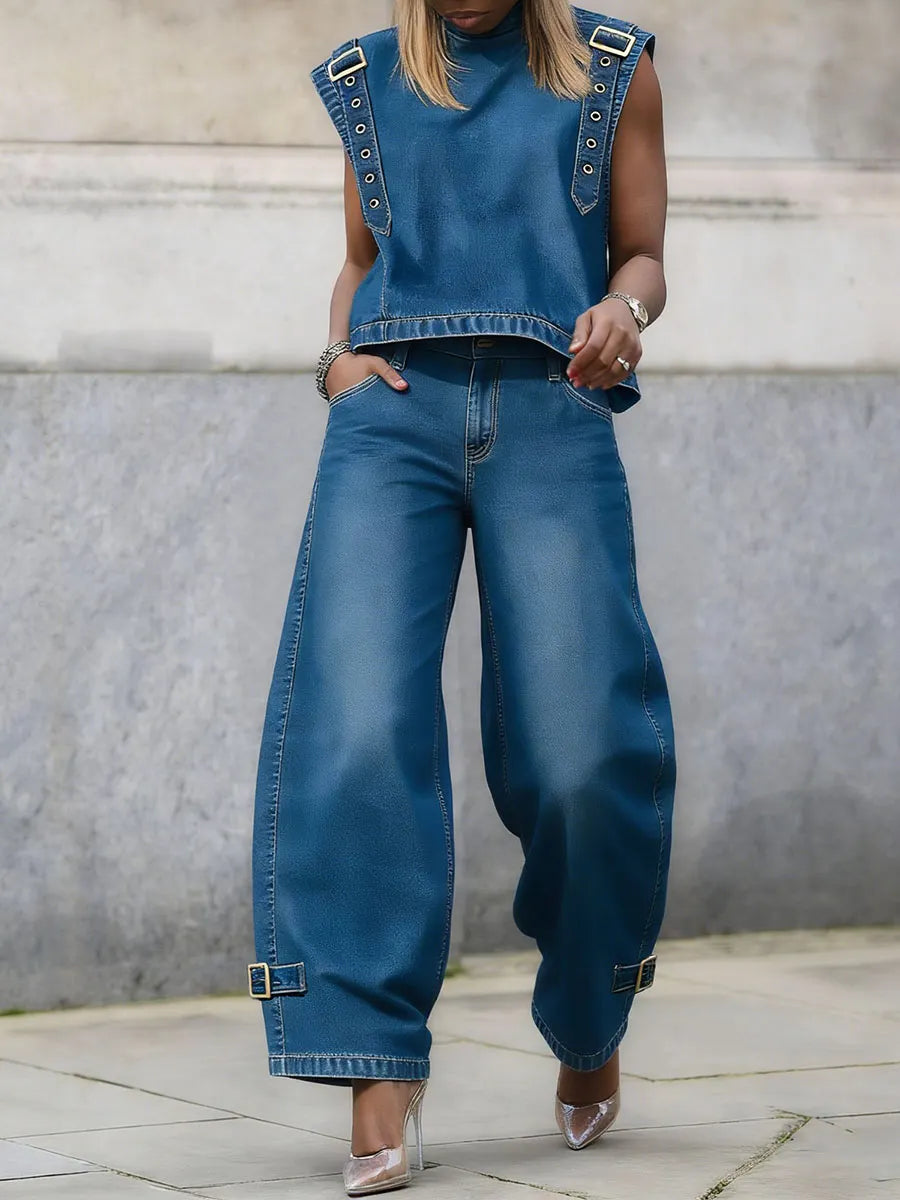 Buckle Pockets Solid Color High Waisted Wide Leg Jean Pants Bottoms