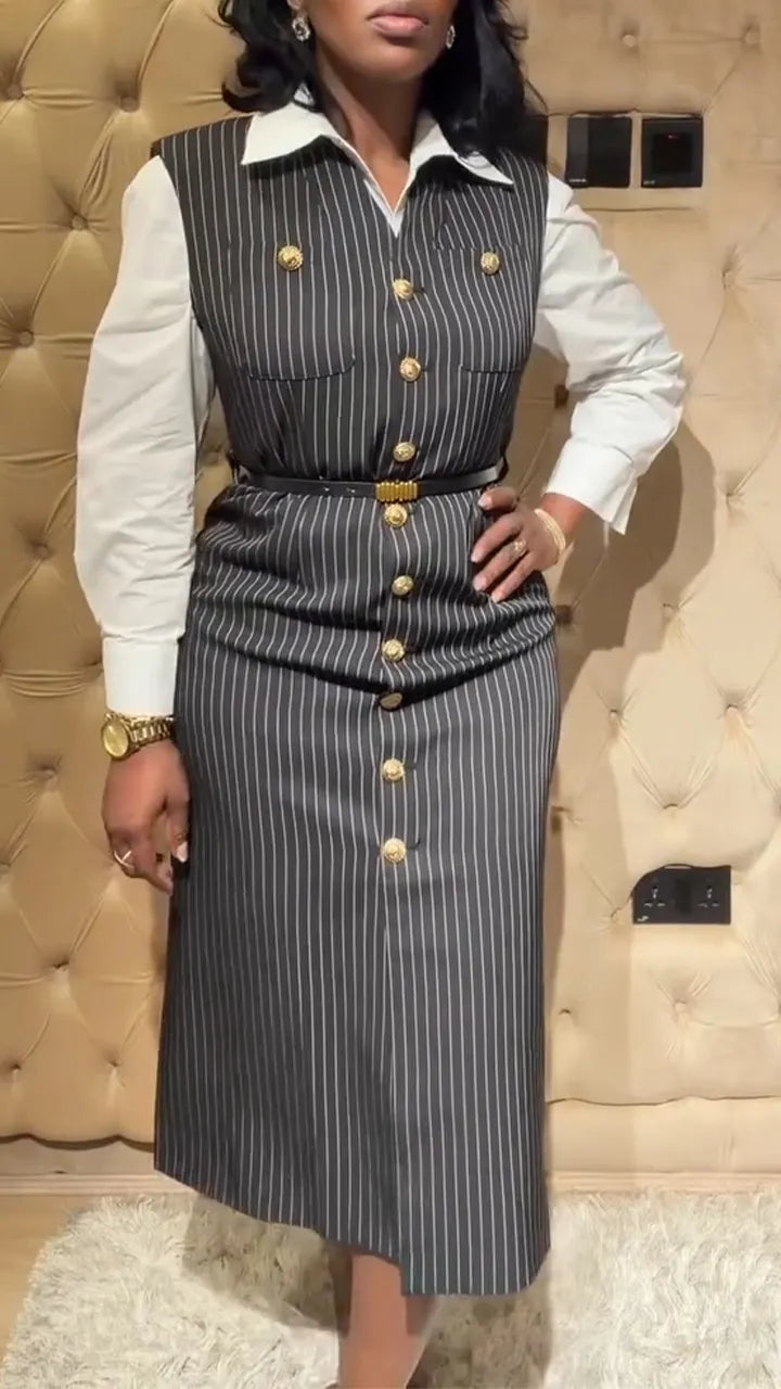 Women V-neck Sleeveless Breasted Vertical Stripe Elegant Temperament Dress
