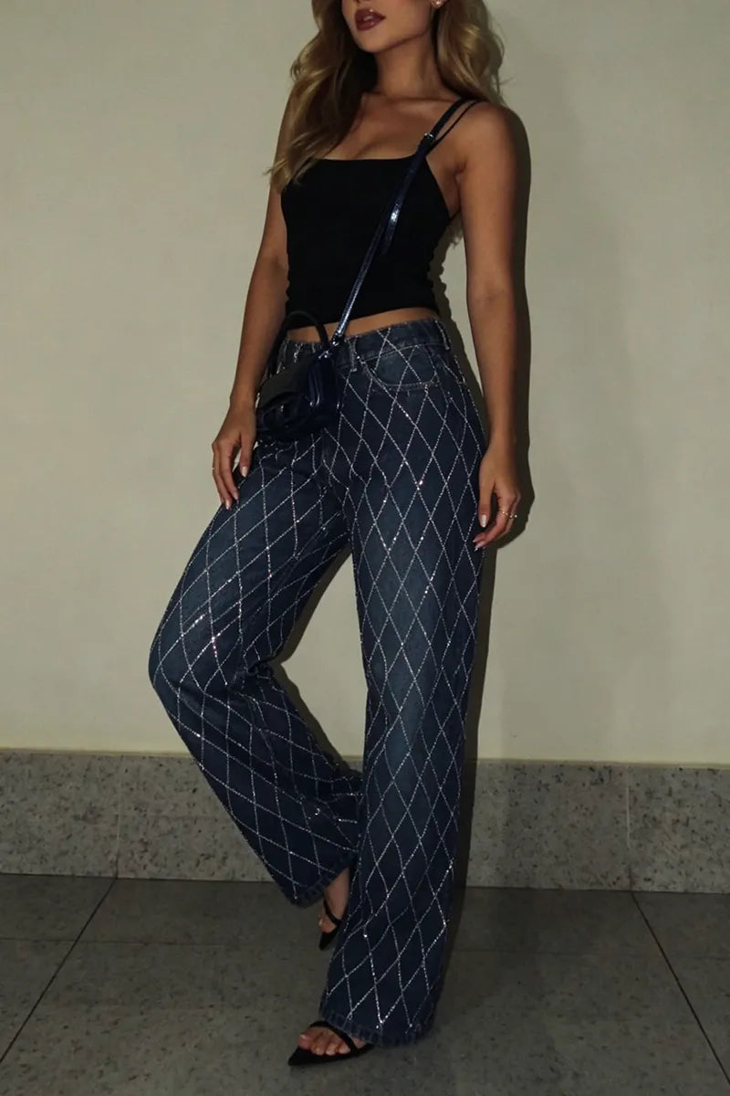 Women's Casual Diamond Pattern Sparkling Rhinestone Jeans