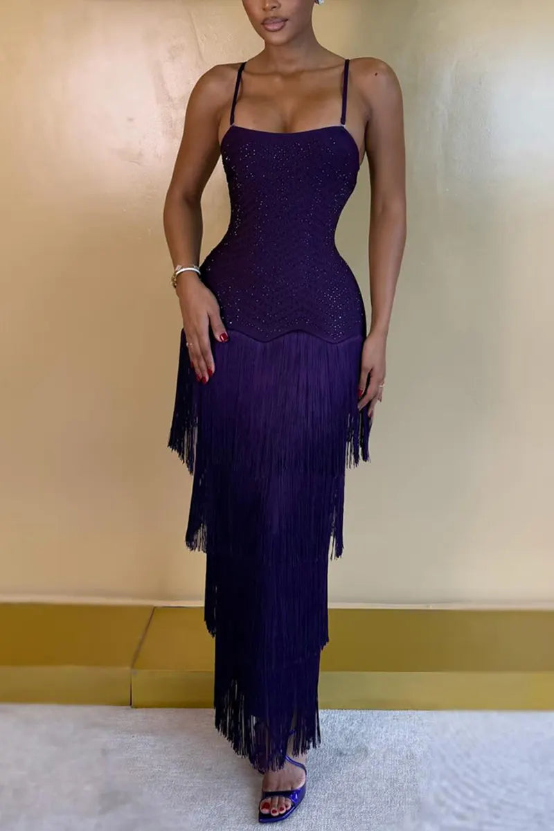 Women's Party Sparkling Rhinestone Fringe Hem Midi Dress