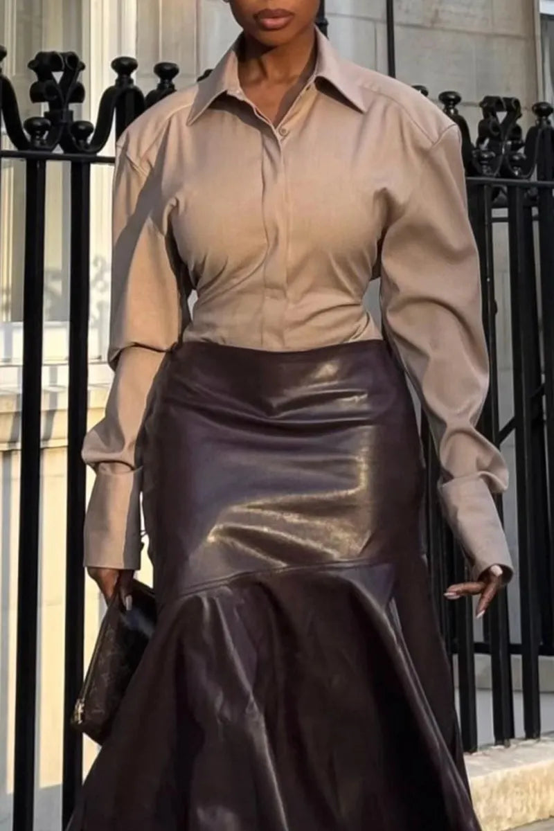 Women's Elegant Temperament Collar Solid Color Shirt or Leather Skirt