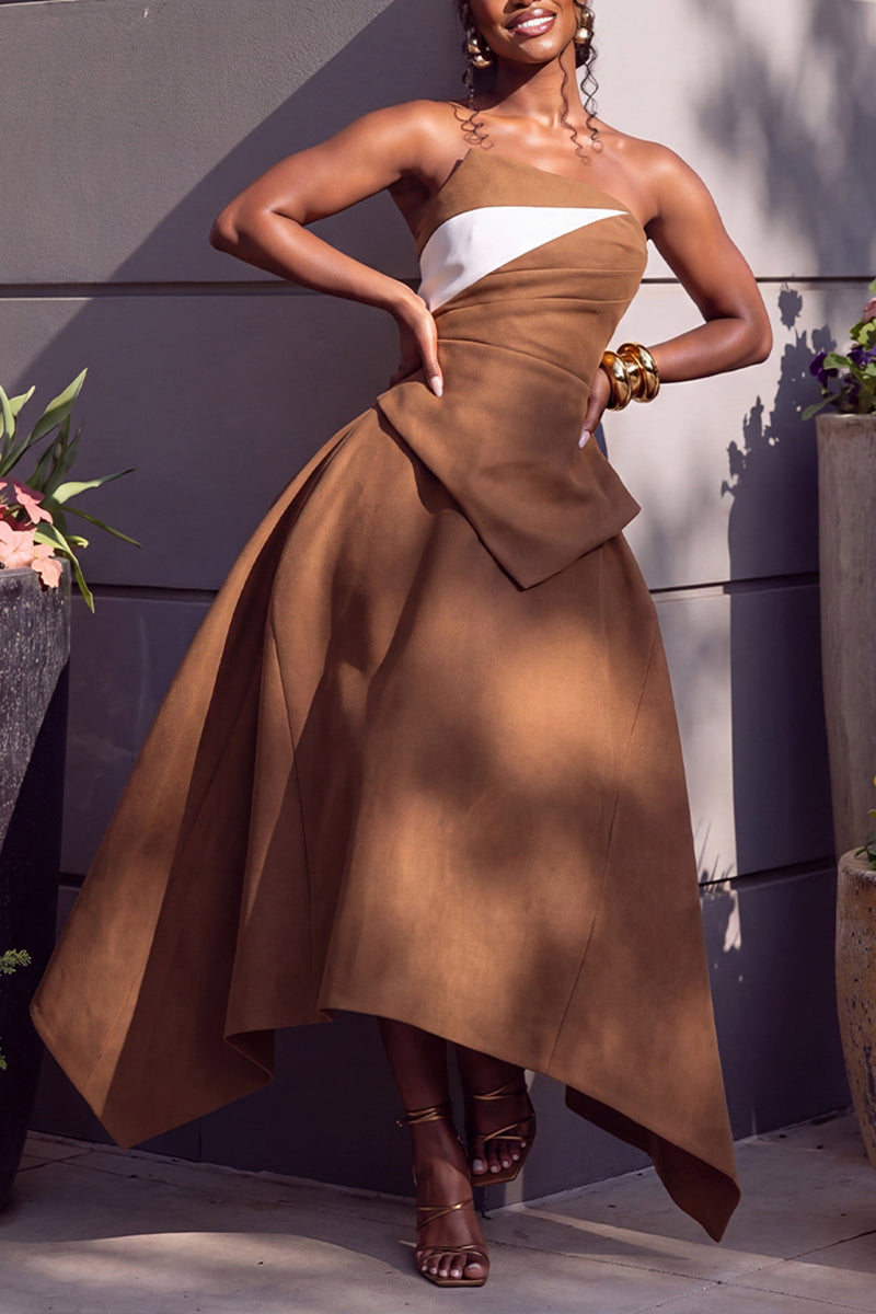Women's Elegant Color Block Strapless Asymmetric Hem Skirt Two-Piece Set