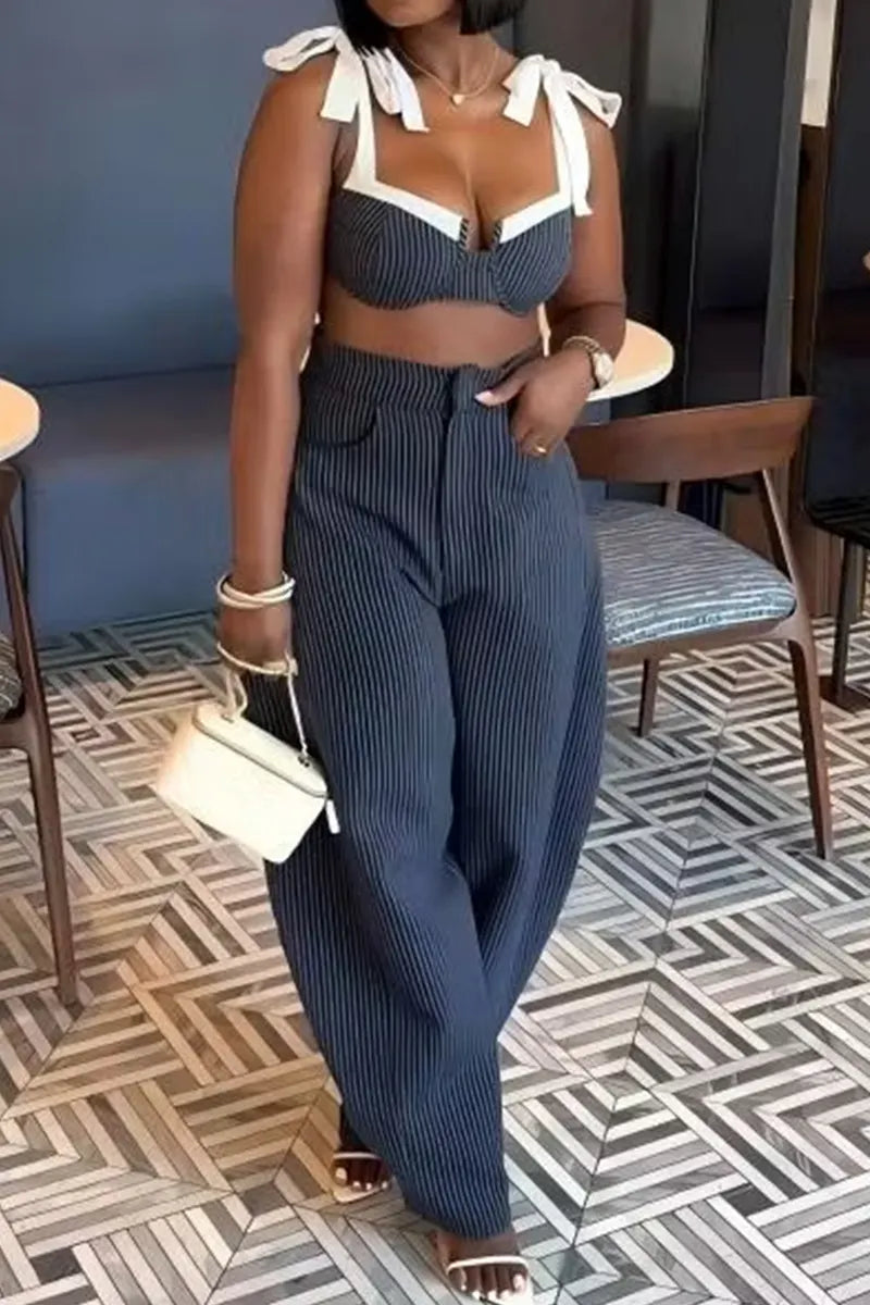 Women's Casual Striped Denim Cami Top & Striped Wide Leg Jeans