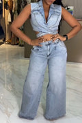 Women's Fashion Lapel Cropped Denim Vest & Jeans