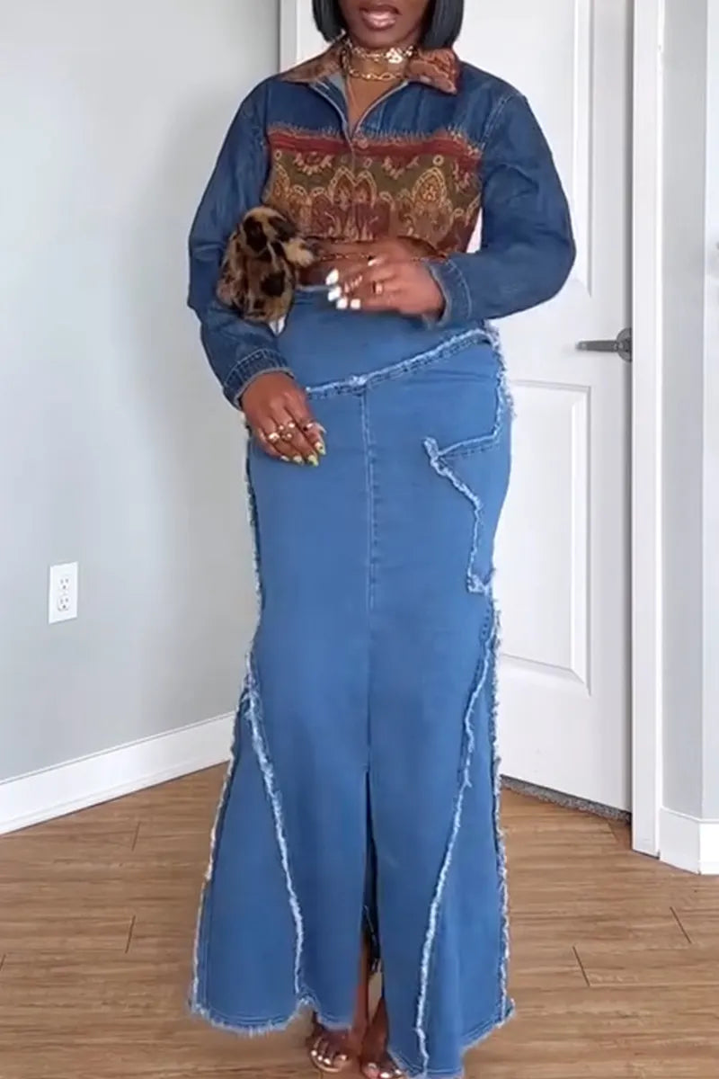 Women's Fashion Pattern Panel Cropped Denim Jacket or Denim Skirt