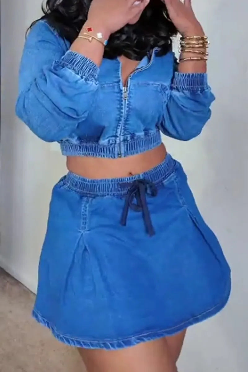 Women's Casual Long Sleeve Cropped Denim Jacket With Elastic Hem or Short Denim Skirt