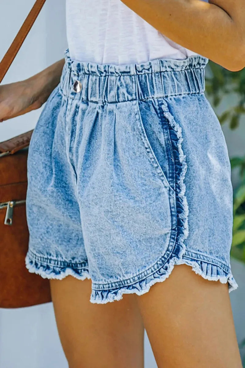 Women's Casual Raw Hem Lace Trim Denim Short