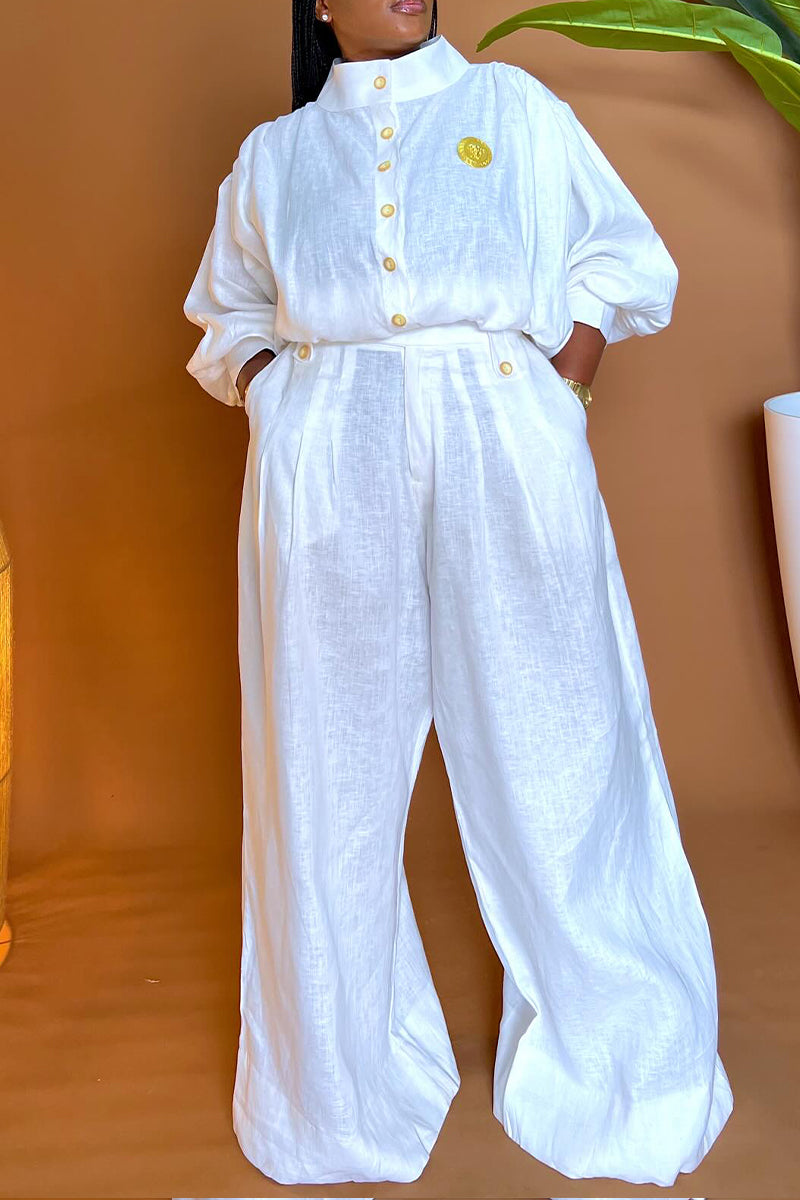 Women's Round Neck Breasted Top+ Wide Leg Pants Casual Suit