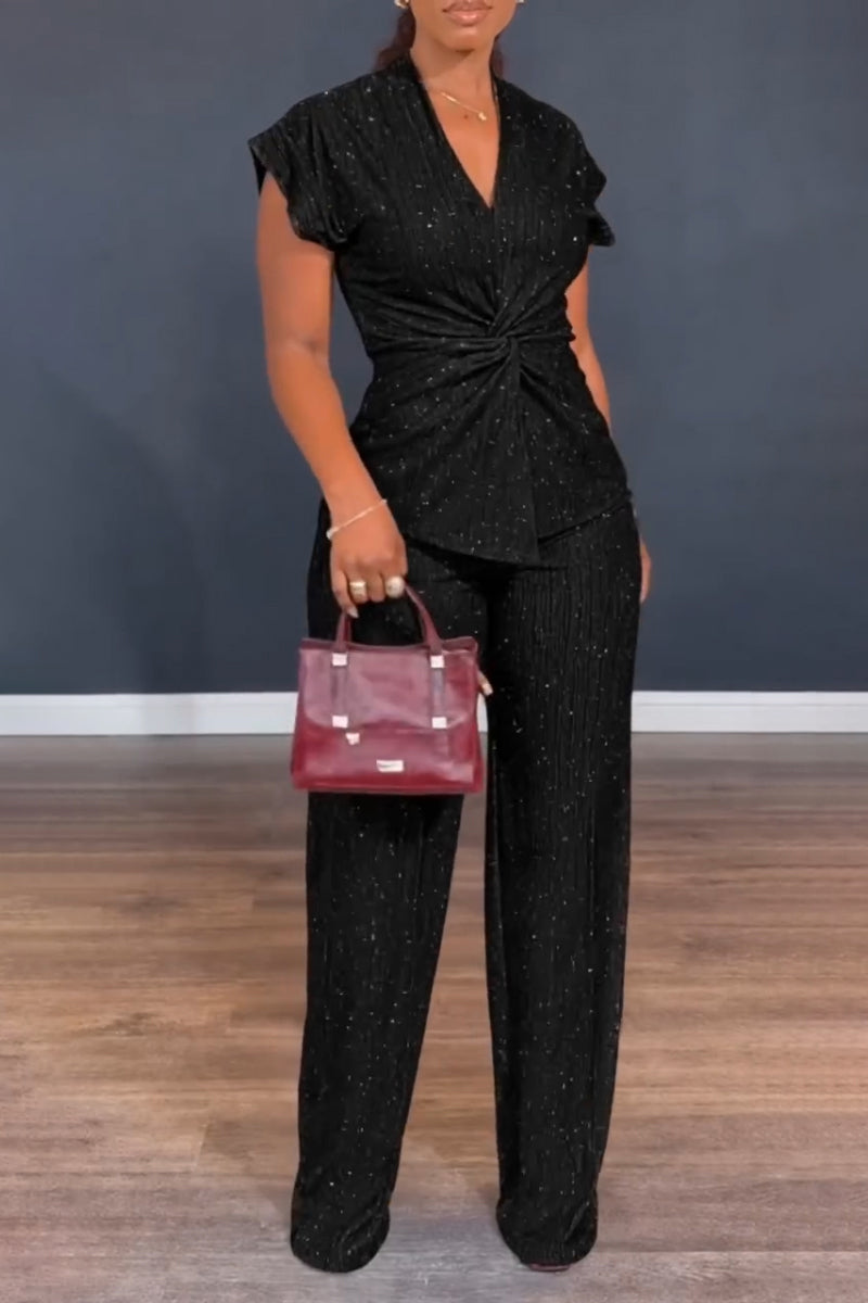 Women's V-neck Pleated Sparkling Casual Suit