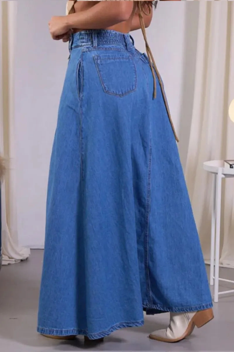 Women's High-Waisted Denim Wrap Skirt with Side Buttons & A-Line Silhouette