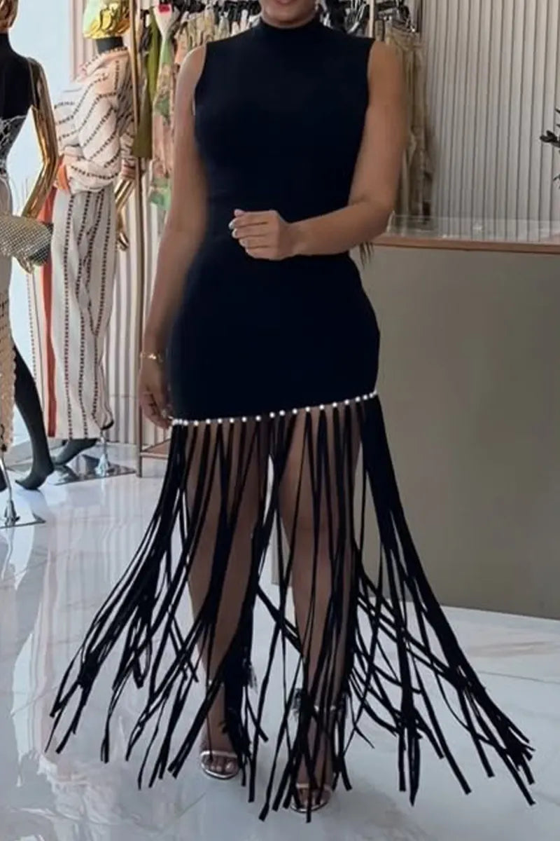 Women's High Neck Fringe Dress with Fitted Bodice and Pearl Accent