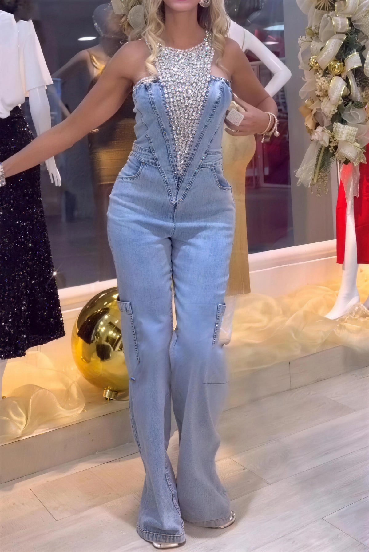 Dazzling Rhinestone Denim Jumpsuit For Women