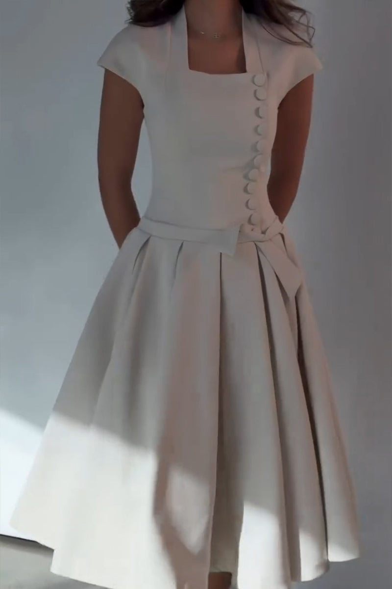 Women's Elegant Button Waist Cinching Pleated Hem Midi Dress