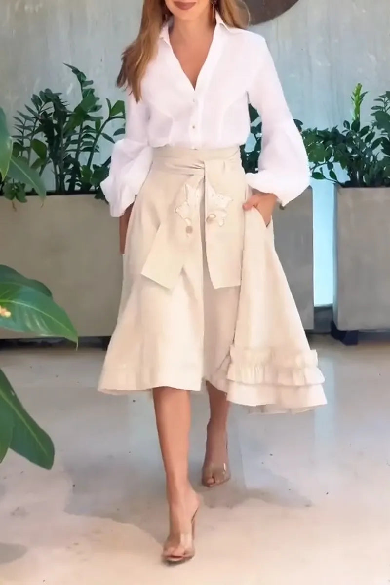 Women's Elegant Temperament Collar Shirt or Tie Printed Skirt
