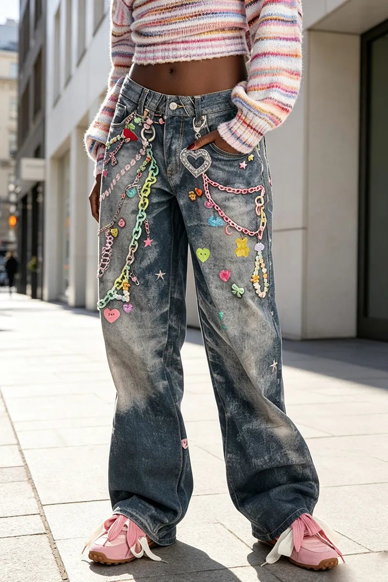 Women's Printed Washed Casual Wide Leg Jeans