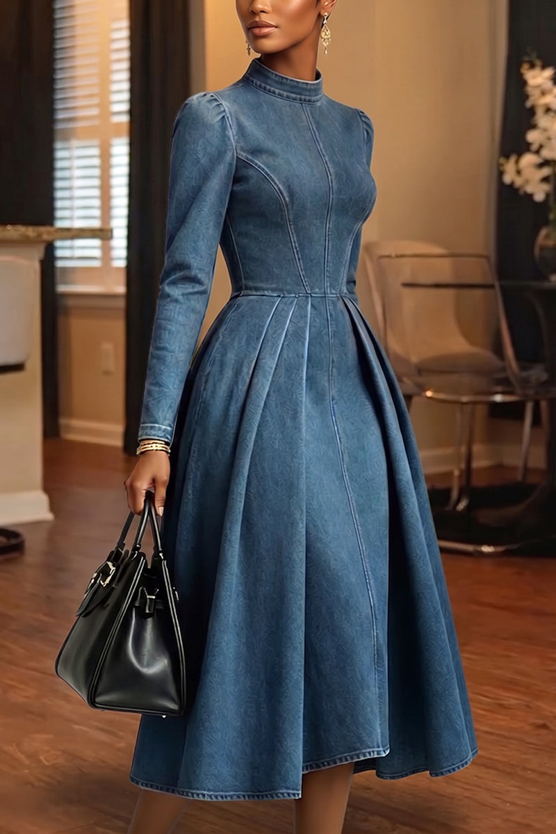 Women's Elegant Pleated A-Line Hem Denim Midi Dress