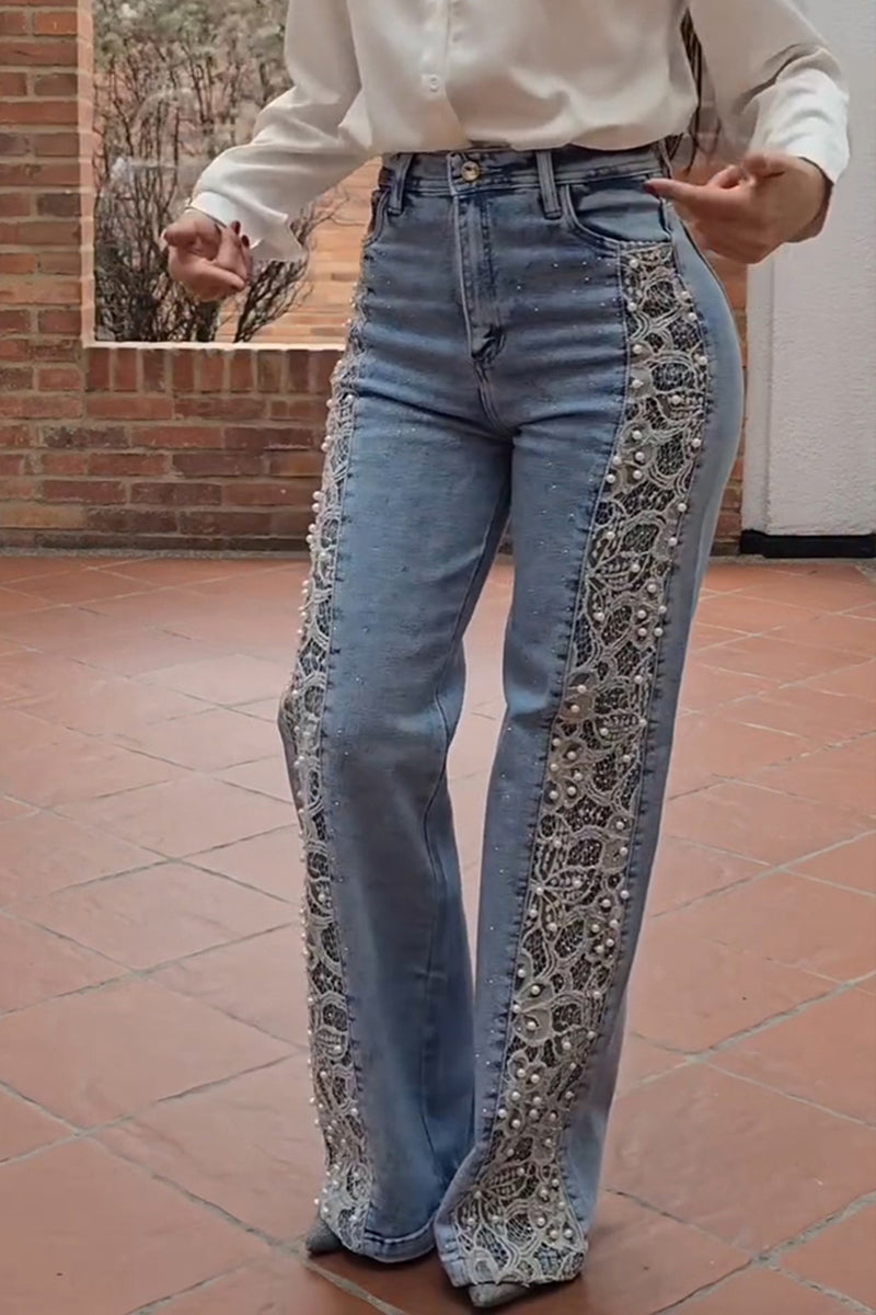 Women's Fashion Lace Patchwork Beads Decoration Wide Leg Jeans