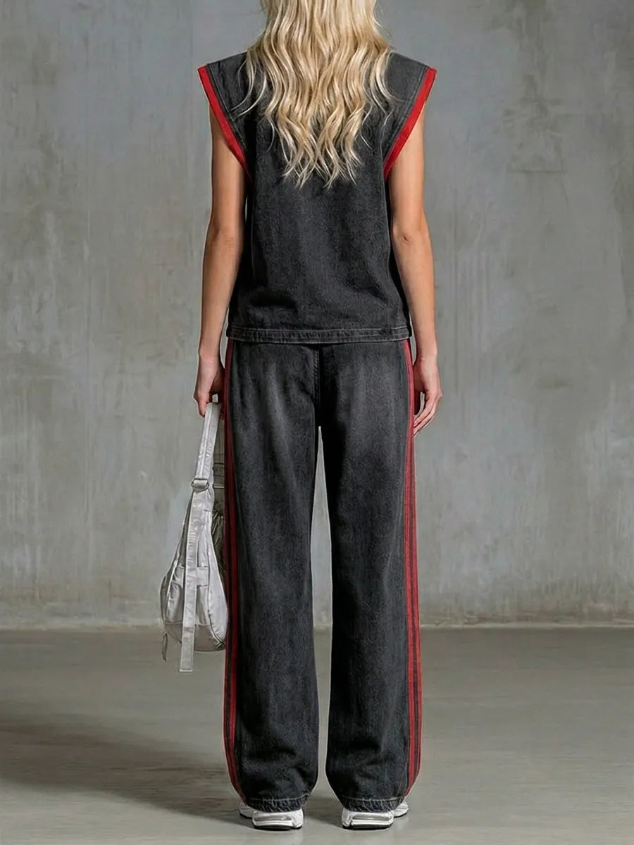 Casual Half-zip Sleeveless Denim Top And Pants Two-piece Set