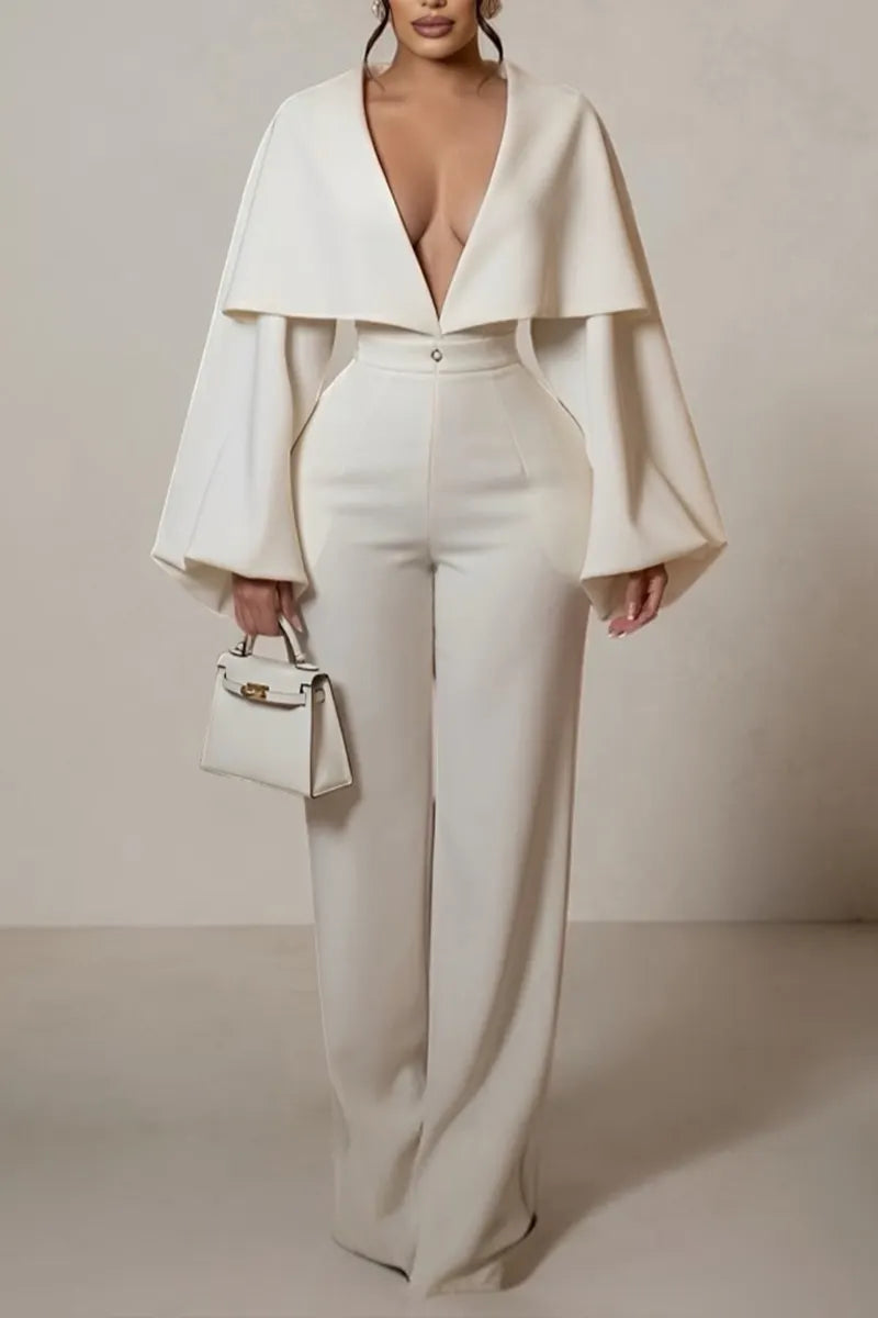 Women's Elegant V-Neck Puff Sleeve Top Wide Leg Pants Two-Piece Set