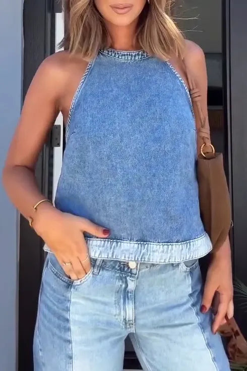 Back Tie Detail Denim Vest With Contrast Panel Jeans Sets