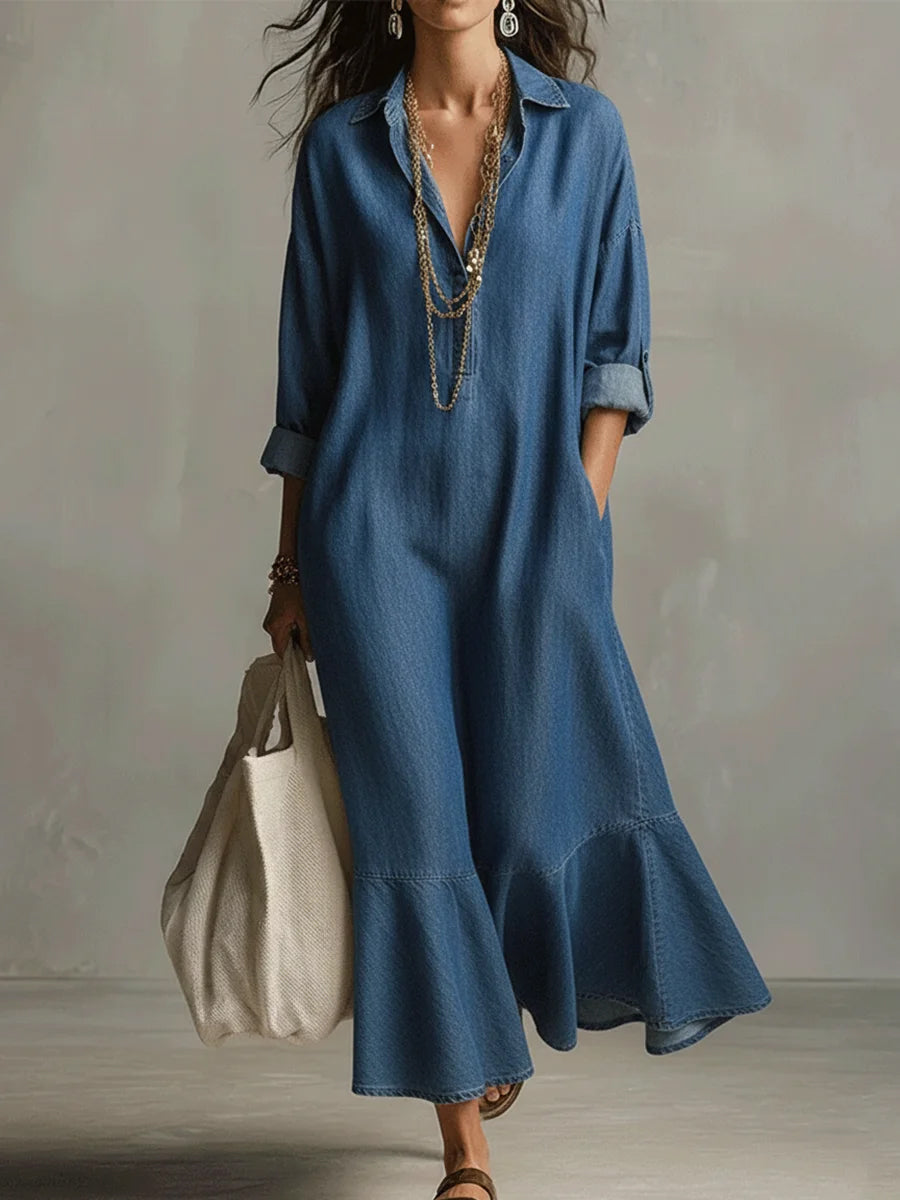 Buttoned Pockets Solid Color Split-Joint Long Sleeves Loose Lapel Maxi Dresses