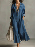 Buttoned Pockets Solid Color Split-Joint Long Sleeves Loose Lapel Maxi Dresses