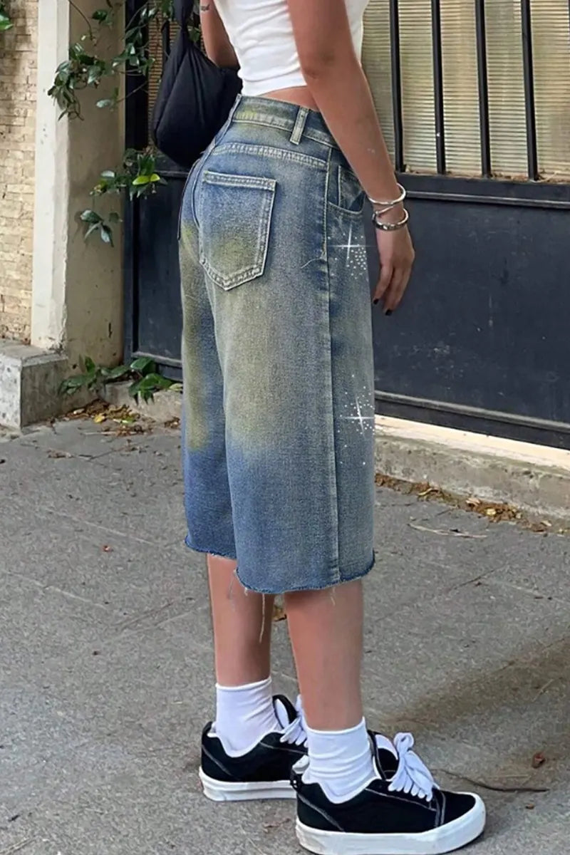 Ladies' Hot Selling Casual Washed Rhinestone Street Denim Shorts