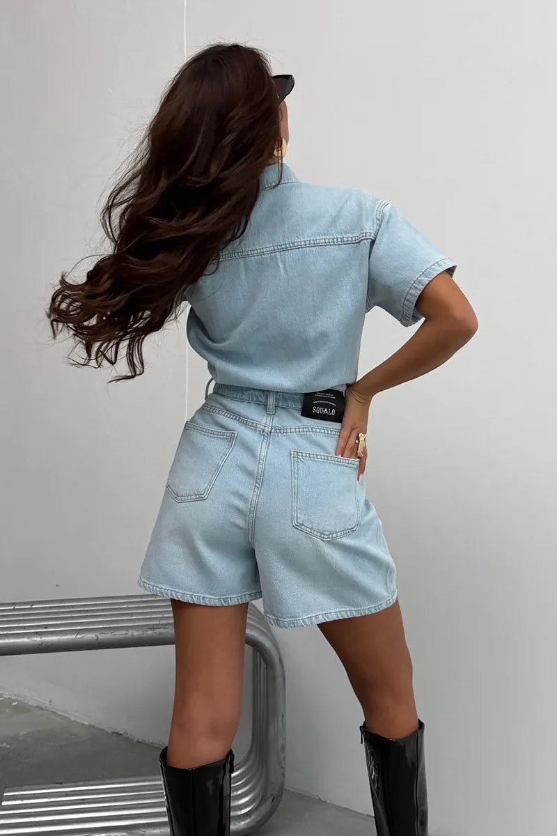 Women's Button-Front Denim Playsuit with Matching Waist Belt