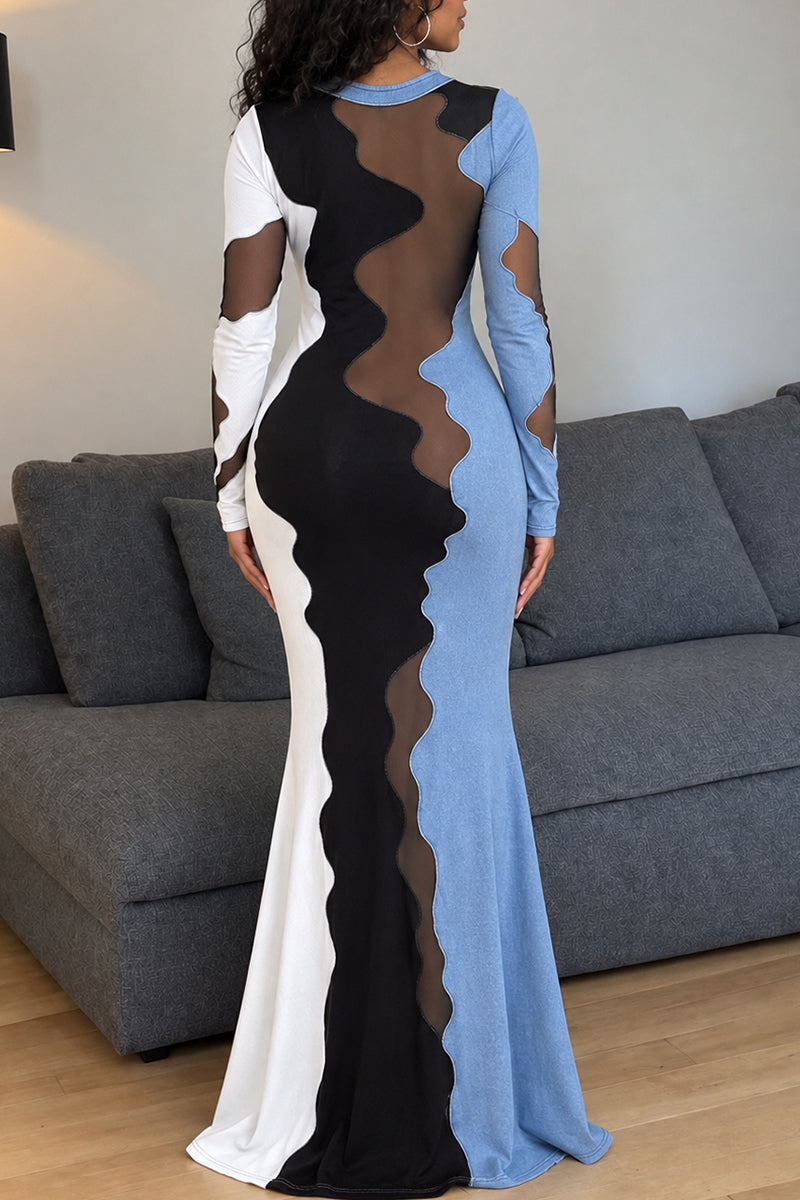 Women's Chic Color Block Wave Cutout Sheer Mesh Spliced Black Maxi Dress