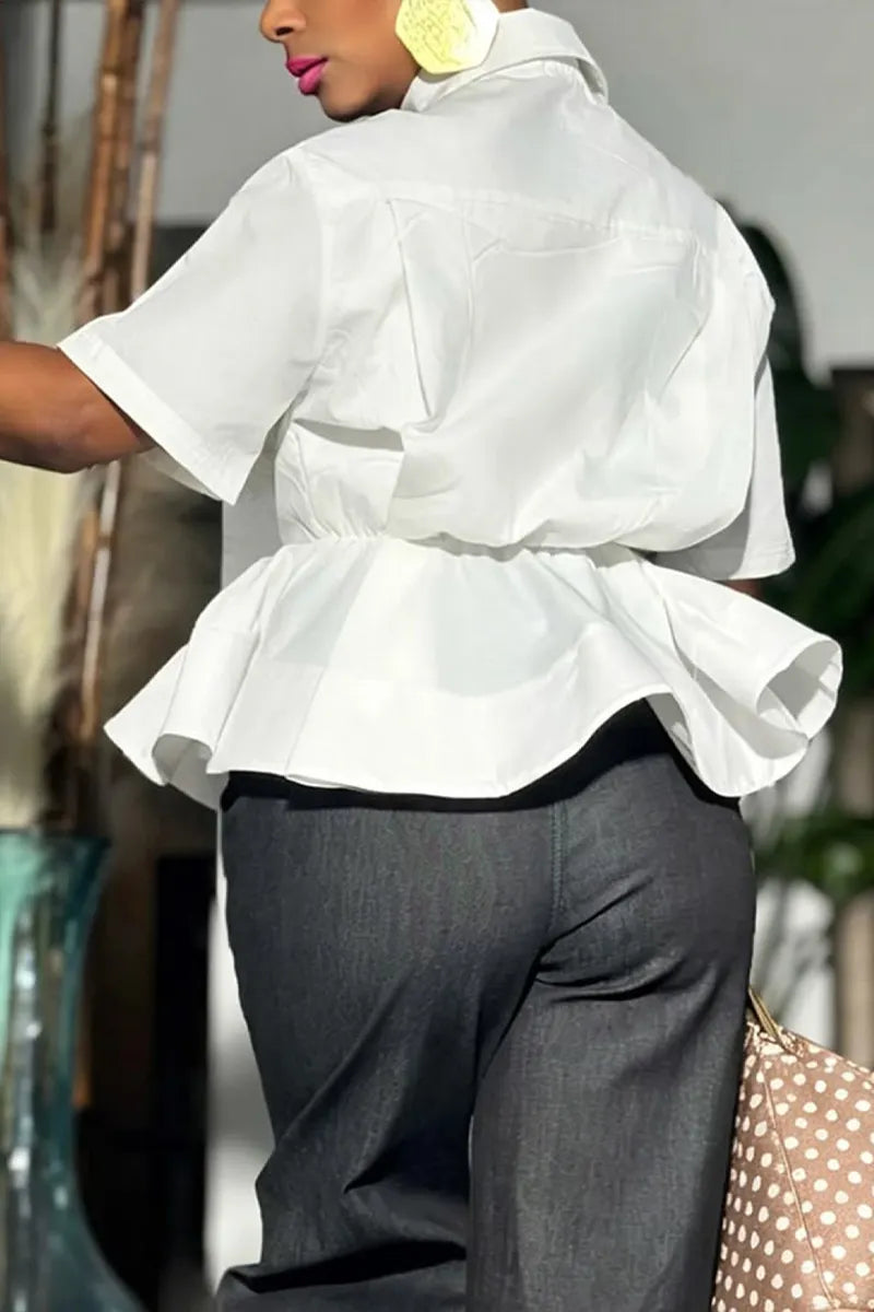 Women's Casual Peplum Blouse with Short Sleeves & Classic Collar