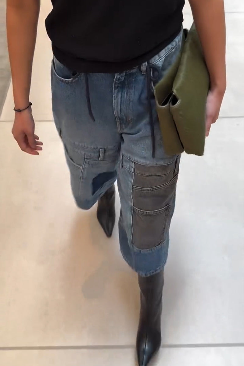 Women's Fashion Contrast Patchwork Wide Leg Cropped Jeans