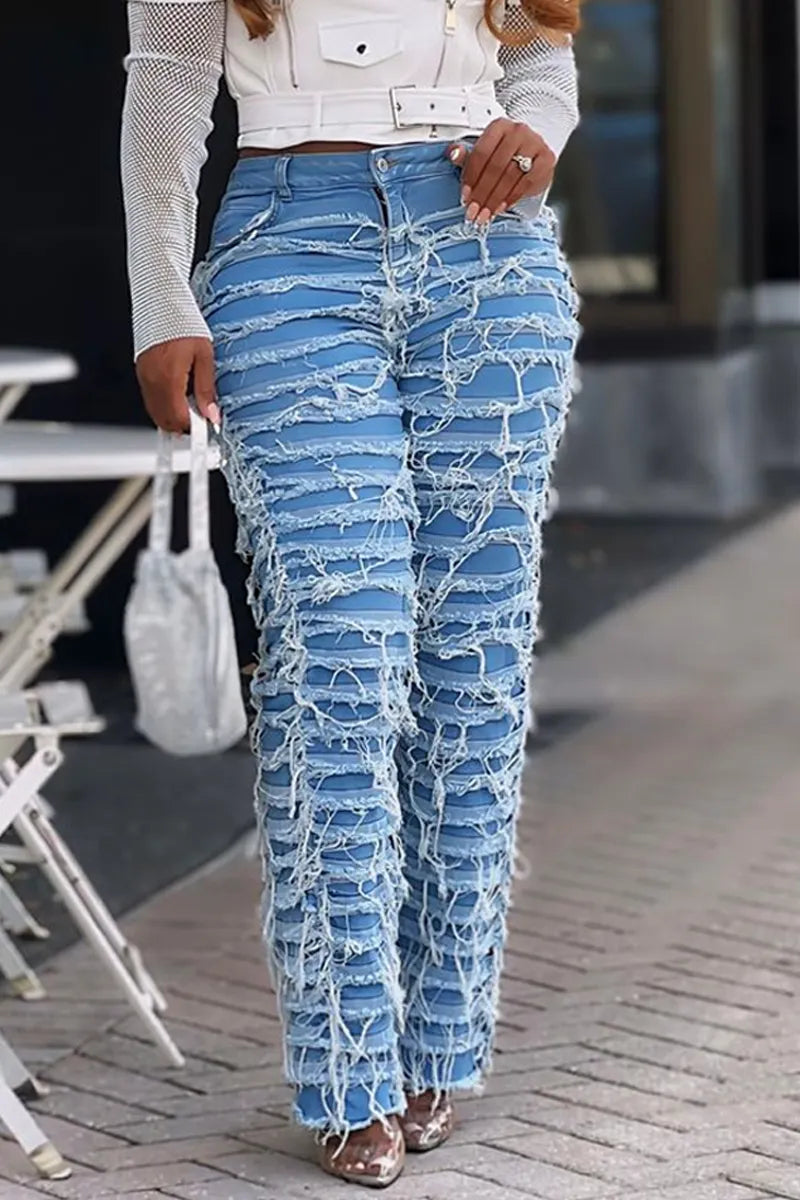 Ladies' Casual Distressed High Waisted Jeans
