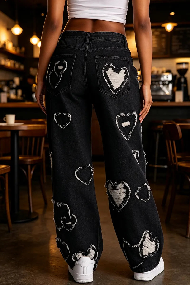 Women's Love Fringed Design Casual Wide Leg Jeans