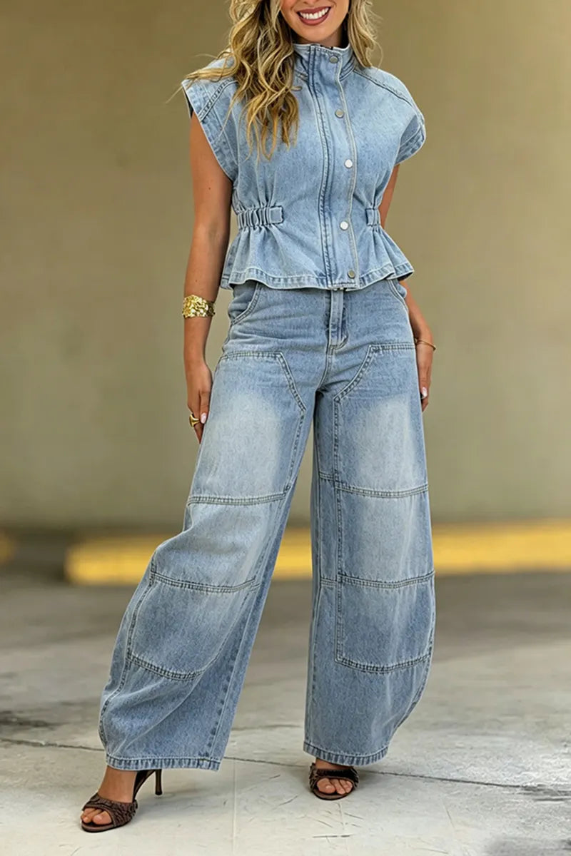 Women's Casual Wide Shoulder Denim Vest or Barrel Jeans