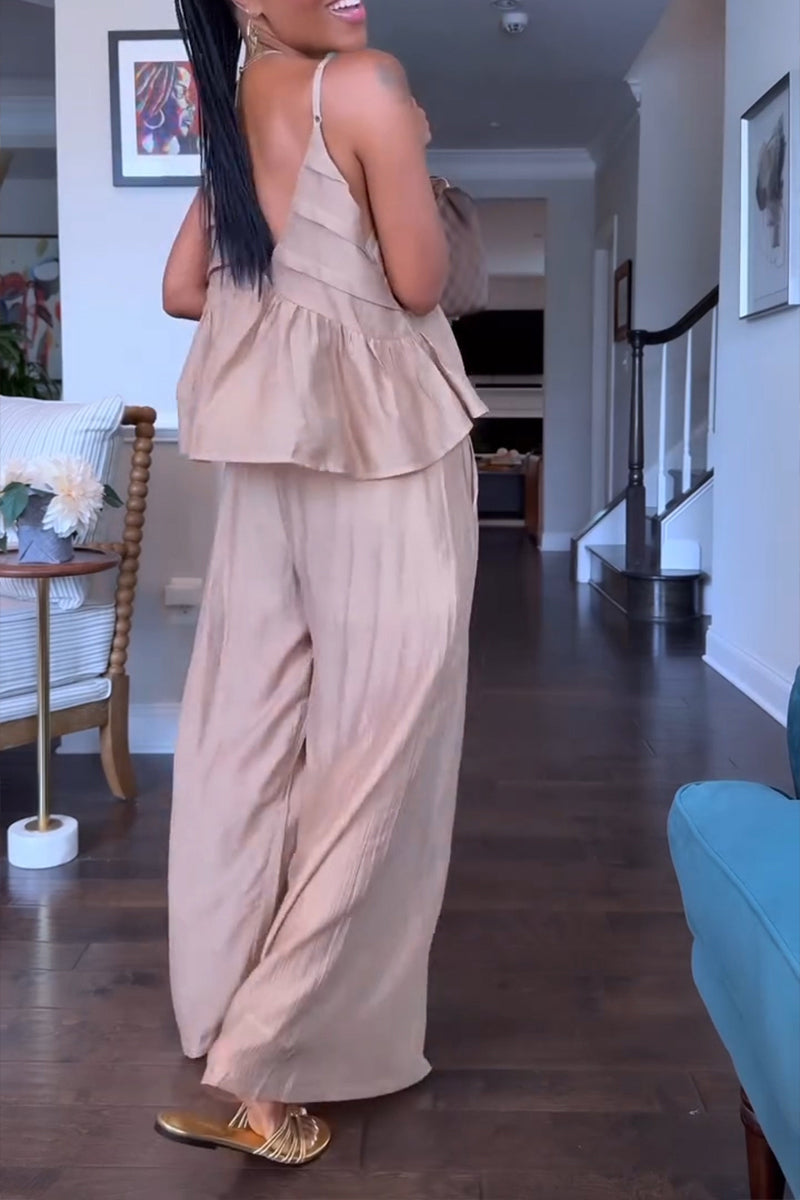Women's Vacation V-Neck Vest Wide Leg Pants Pleated Two-Piece Set