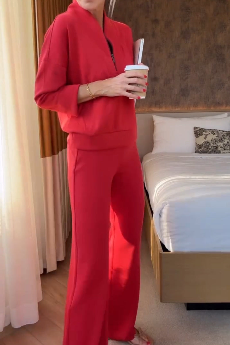 Women's Round Neck Half Zipper Top+ Pants Casual Suit